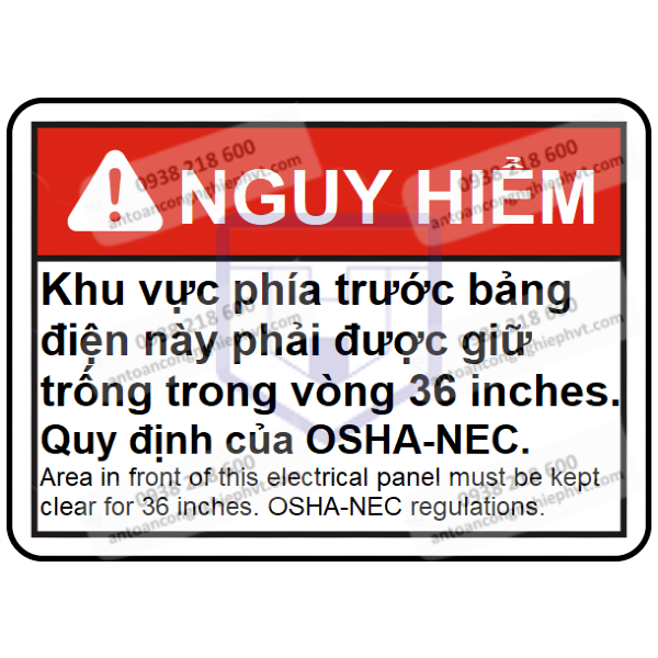 Biển báo nguy hiểm - khu vực phía trước bảng điện này phải được giữ trống trong vòng 36 inches, quy định của OSHA-NEC